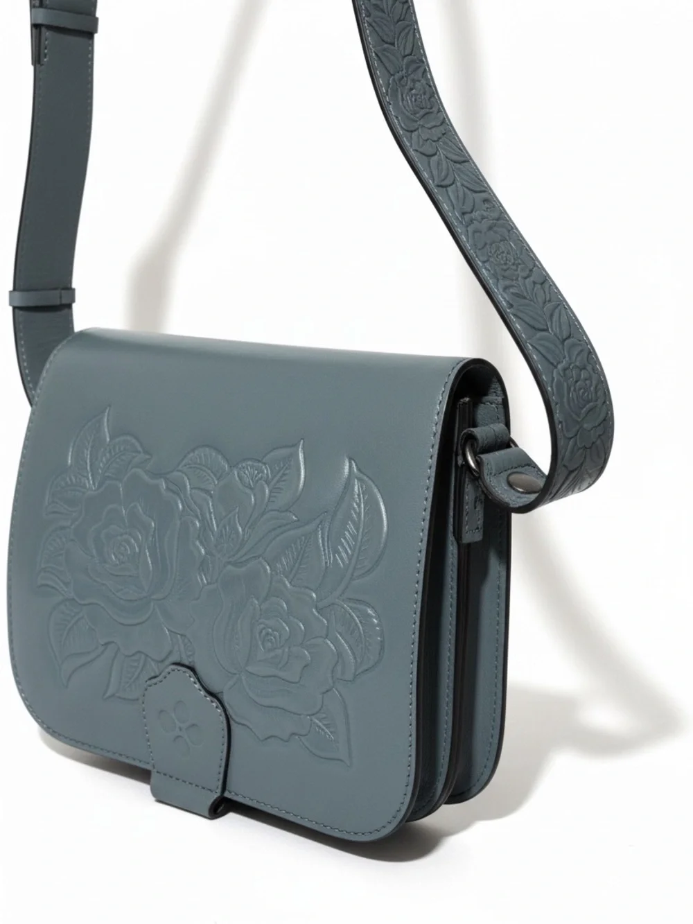 Patricia Nash Ilina Rose Tooled Leather Crossbody Bag Flap Blue Purse - Picture 3 of 14